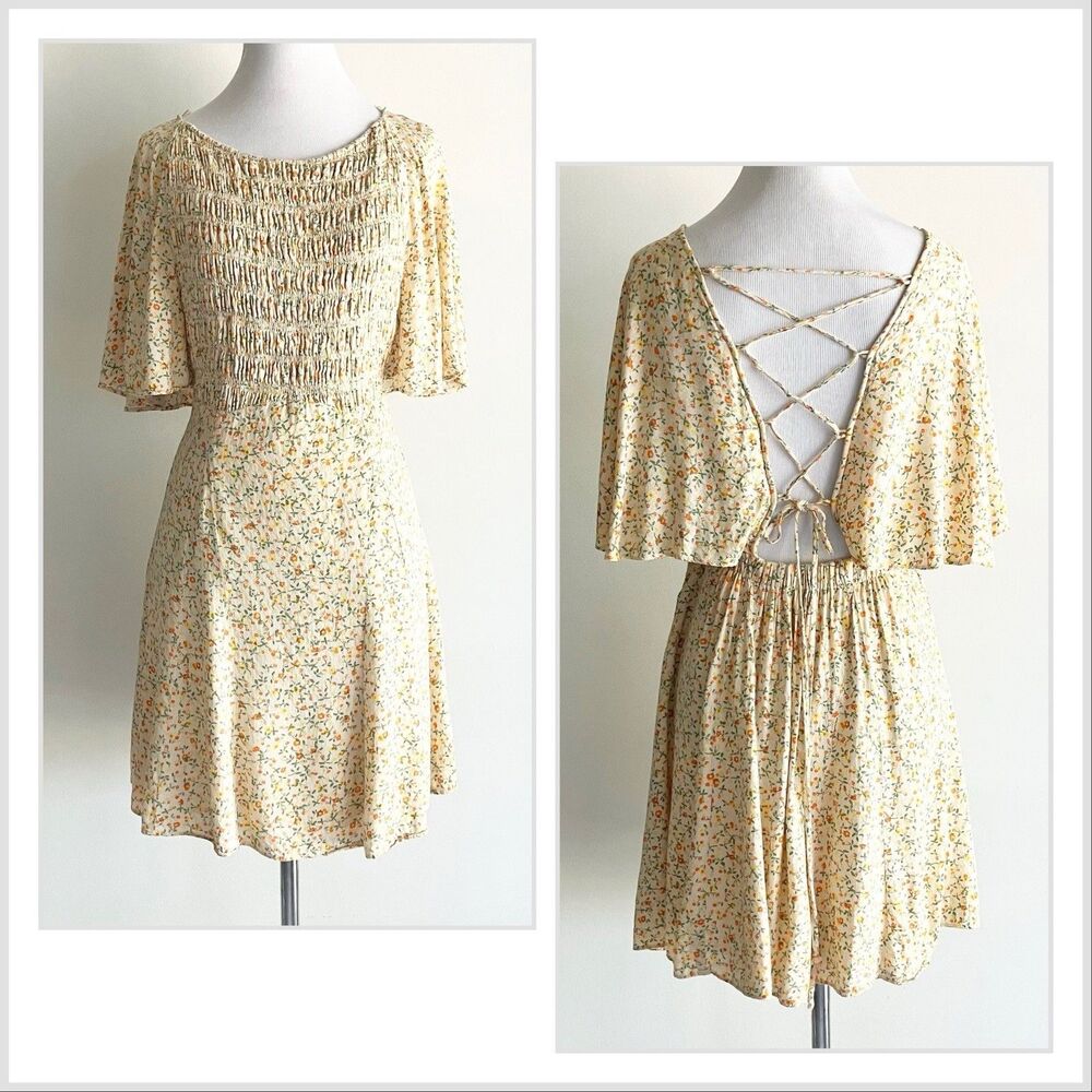 Free People Florence Mini Dress Size Small Floral Print Smocked Lace Up Backless